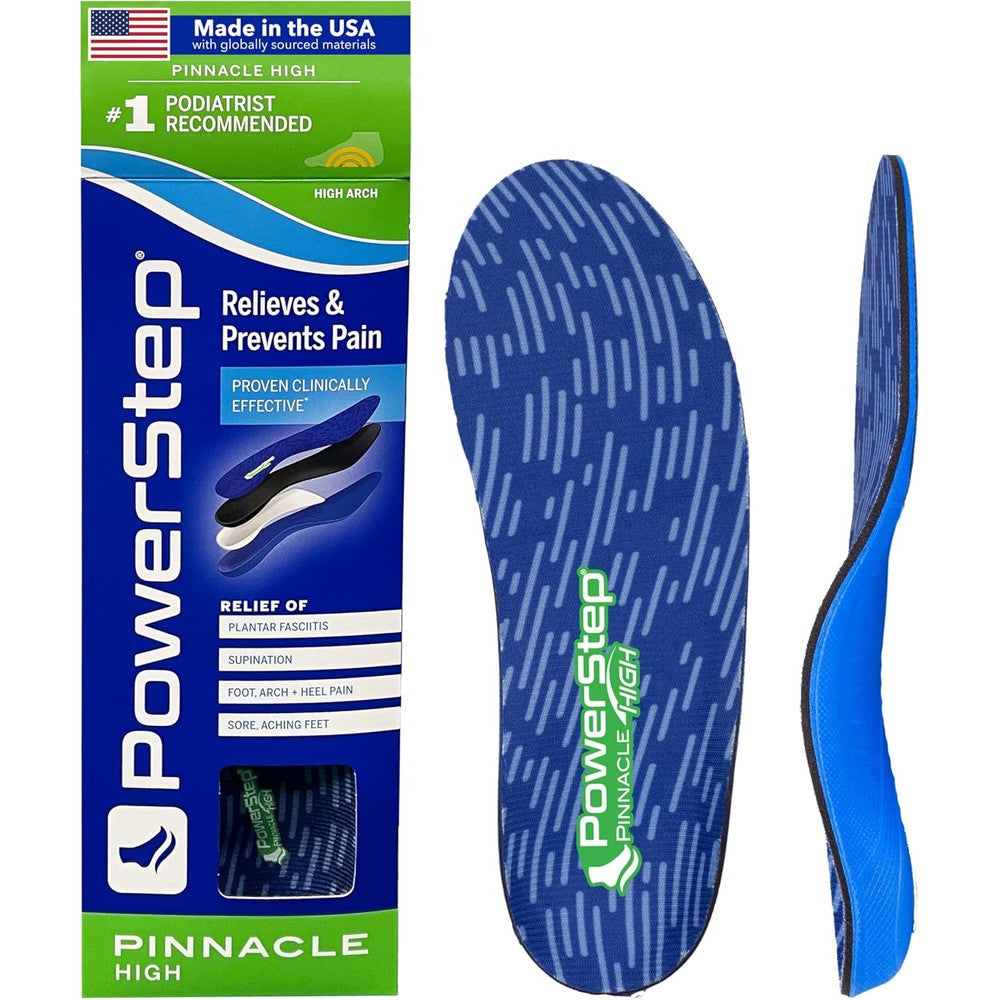 PowerStep Pinnacle High Arch Orthotics front view showing blue and green dual layer cushioning.