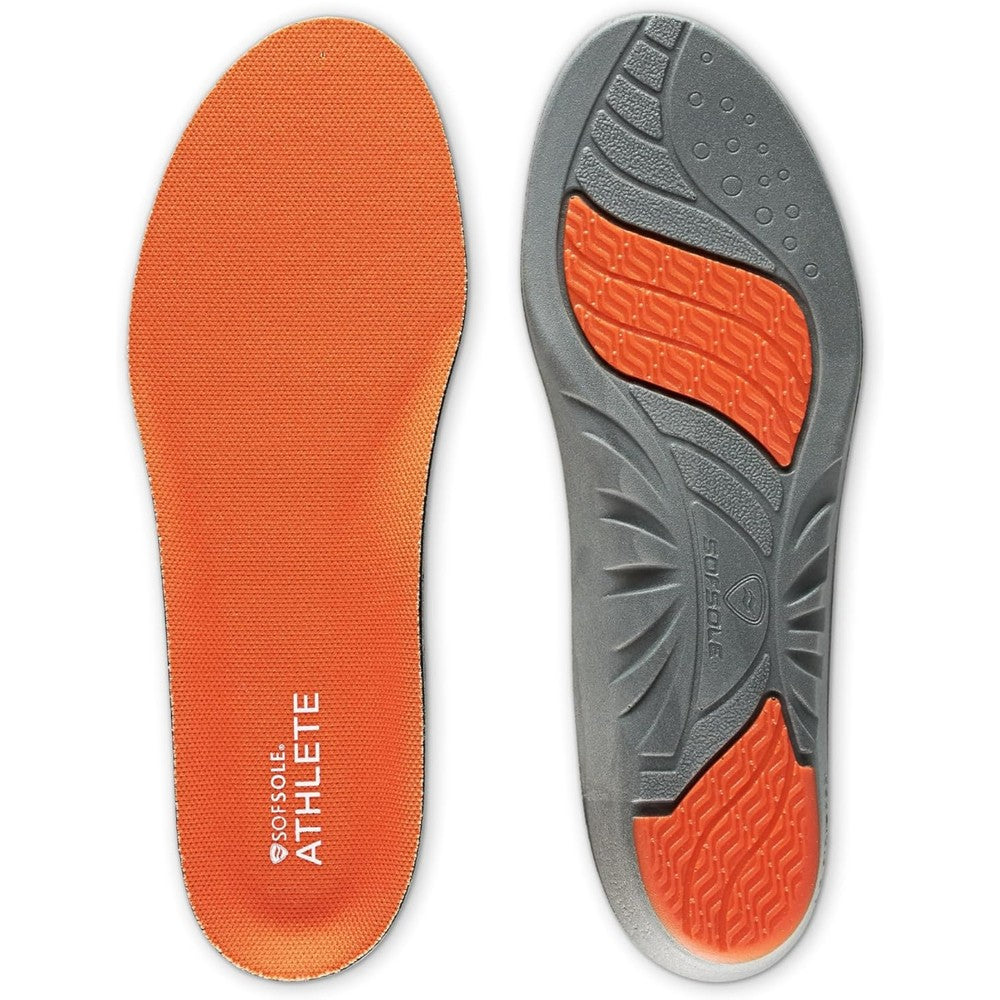 Sof Sole Athlete Performance Men's Insoles front view showing orange foam and grey gel pads for running shoes.