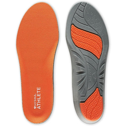 Sof Sole Athlete Performance Men's Insoles front view showing orange foam and grey gel pads for running shoes.