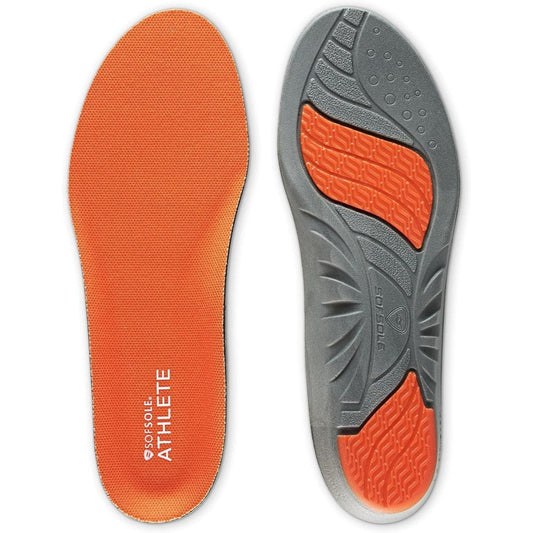 Sof Sole Athlete Performance Men's Insoles front view showing orange foam and grey gel pads for running shoes.