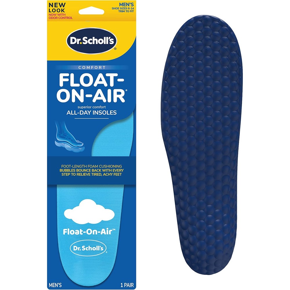 Dr. Scholl's Float-On-Air Comfort Insoles front view showing blue foam bubbles.