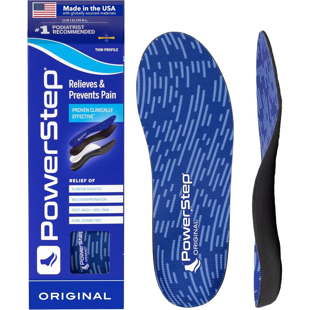 PowerStep Original Insoles front view showing blue geometric pattern and arch support