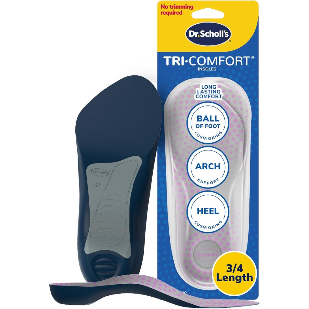 Dr. Scholl's Tri-Comfort Insoles for Women front view showcasing the three-quarter length design and targeted cushioning zones.