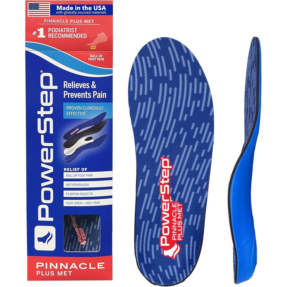 PowerStep Pinnacle Plus Metatarsal Orthotics front view showing red and blue dual-layer cushioning.