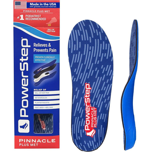 PowerStep Pinnacle Plus Metatarsal Orthotics front view showing red and blue dual-layer cushioning.