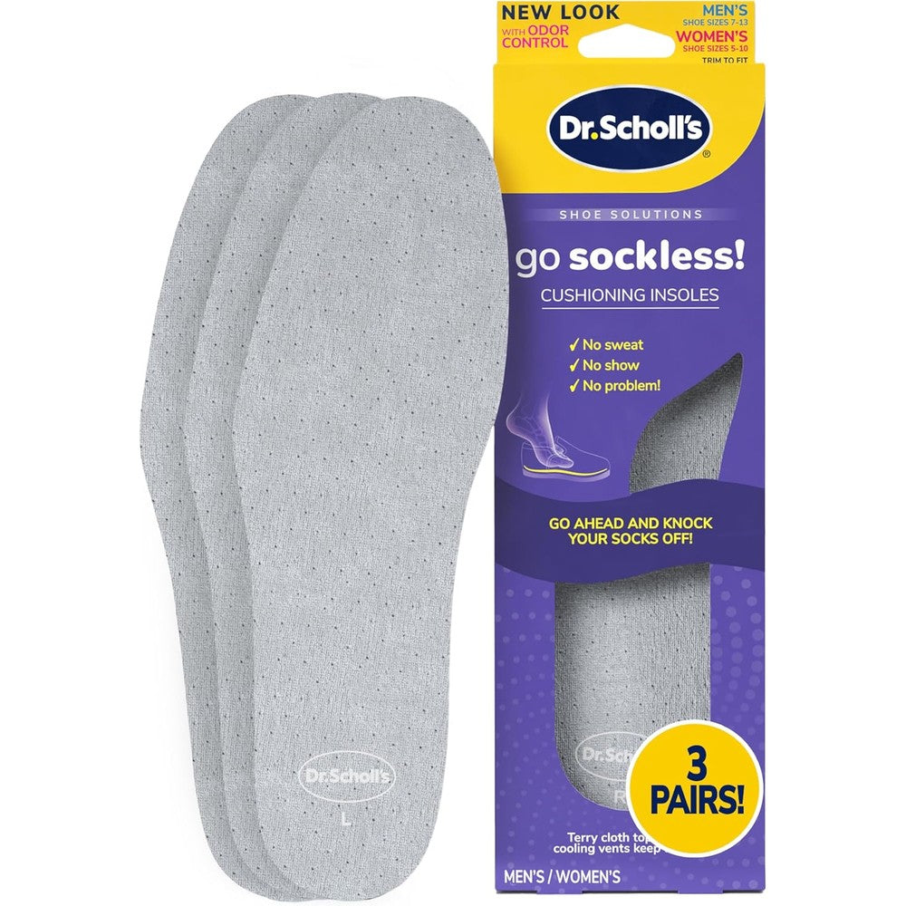 Dr. Scholl's Go Sockless Cushioning Insoles front view packaging for sweat absorption.