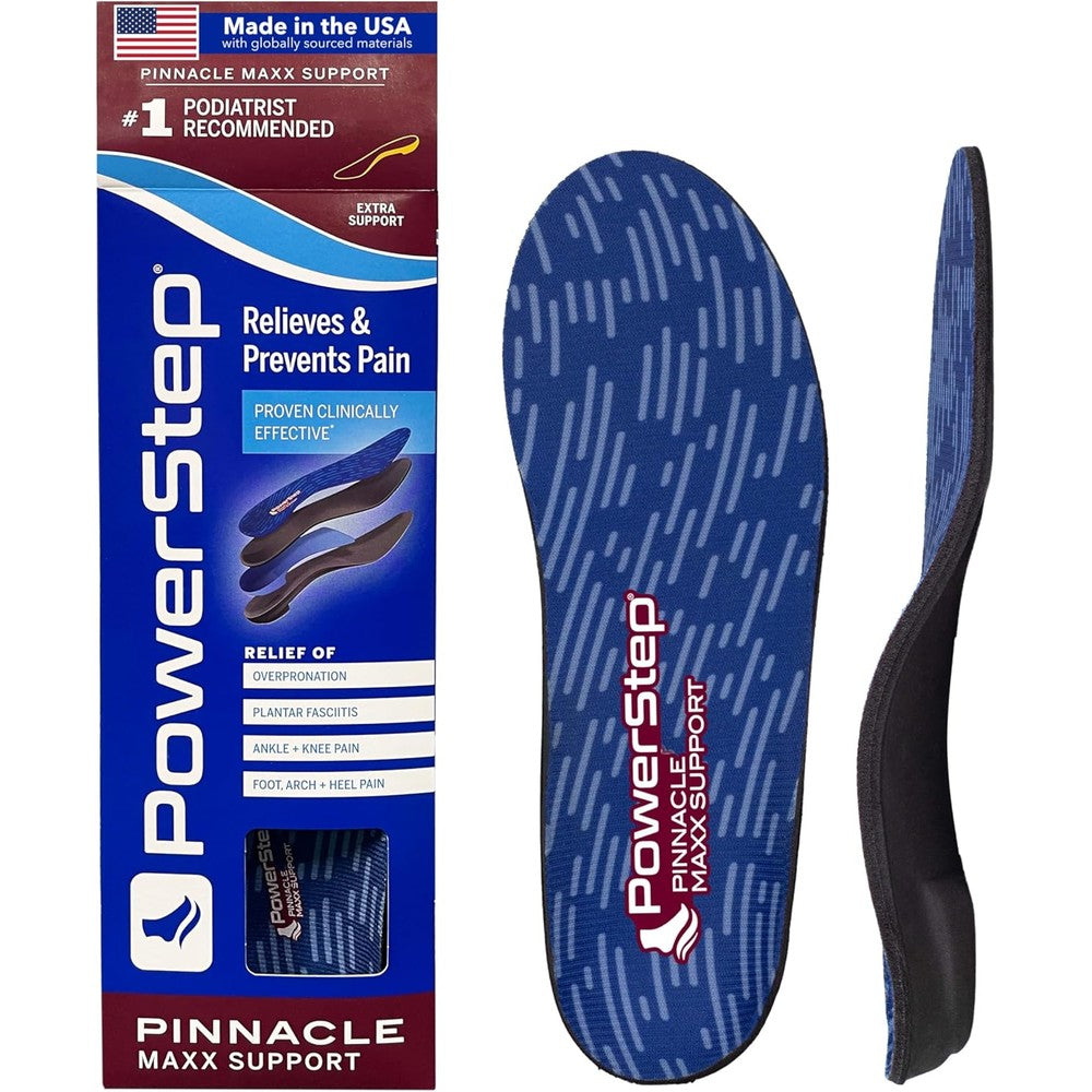 PowerStep Pinnacle Maxx orthotic insoles front view showing maroon top fabric.