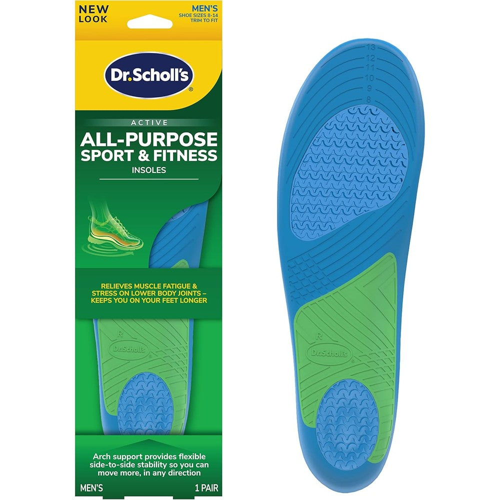 Dr. Scholl's Sport Insoles front view showing blue and green gel cushioning.
