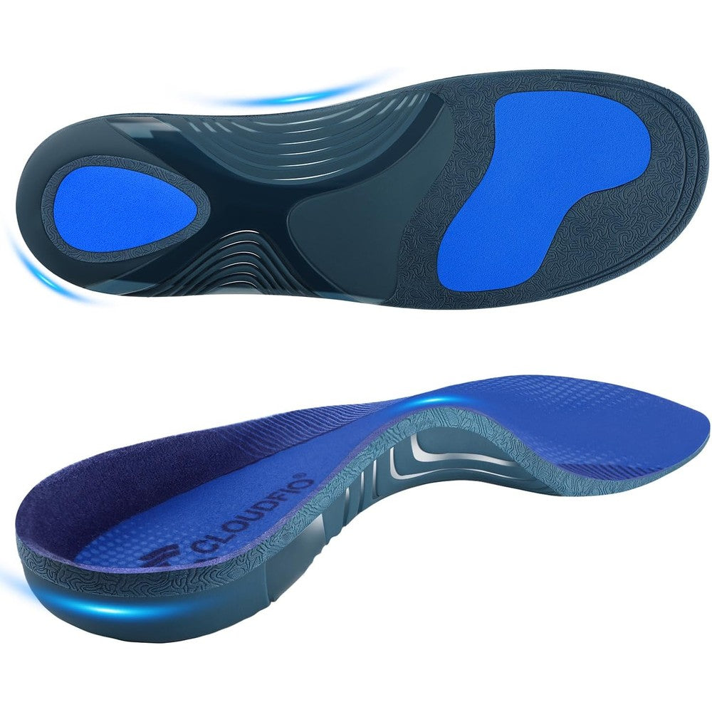 Cloudflo Plantar Fasciitis Insoles front view showing high arch support and blue velvet fabric.