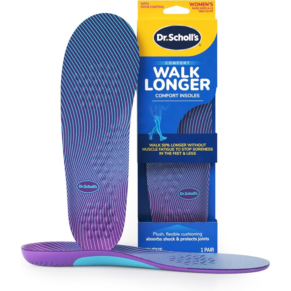 Dr. Scholl's Walk Longer Insoles front view showing purple foam cushioning.