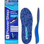 PowerStep Pinnacle Orthotic Insoles front view showing blue patterned top fabric and arch shape.