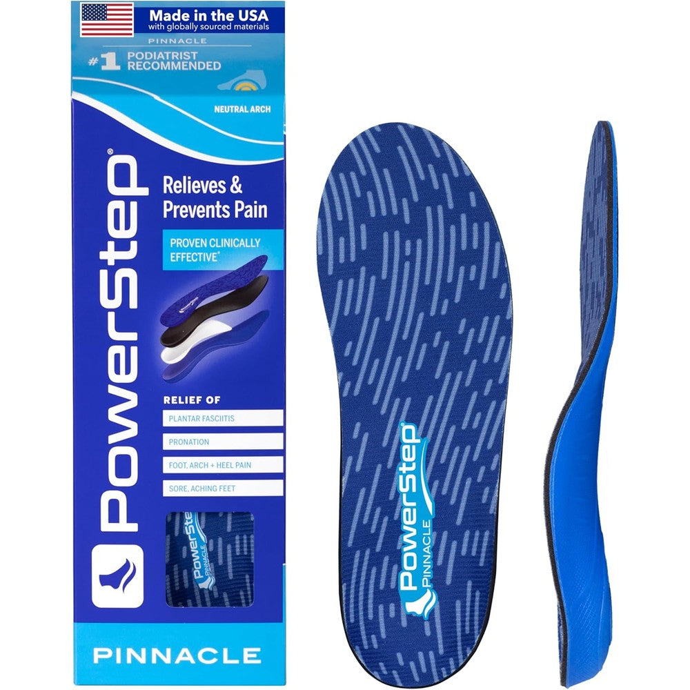 PowerStep Pinnacle Orthotic Insoles front view showing blue patterned top fabric and arch shape.