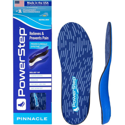 PowerStep Pinnacle Orthotic Insoles front view showing blue patterned top fabric and arch shape.