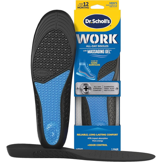 Dr. Scholl's Work All-Day Superior Comfort Insoles packaging front view showing massaging gel features for men.