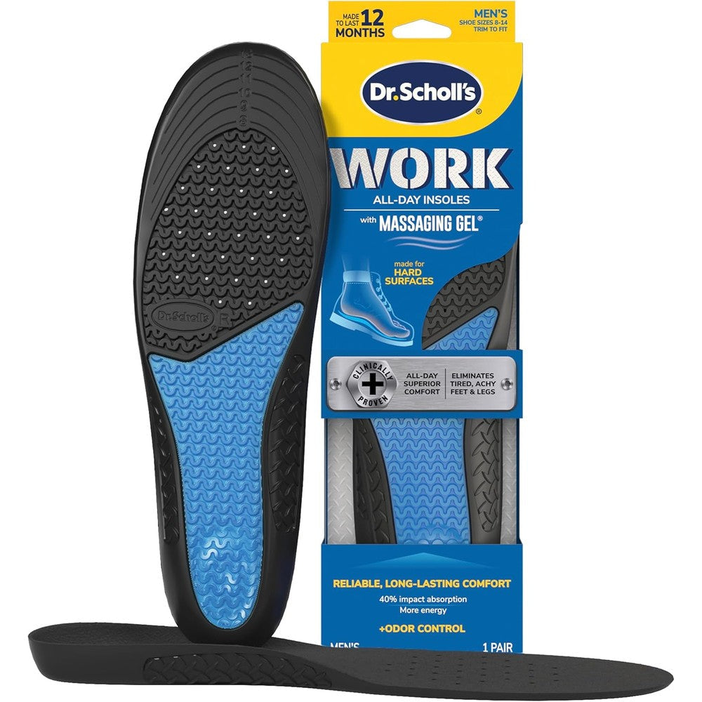 Dr. Scholl's Work All-Day Superior Comfort Insoles packaging front view showing massaging gel features for men.