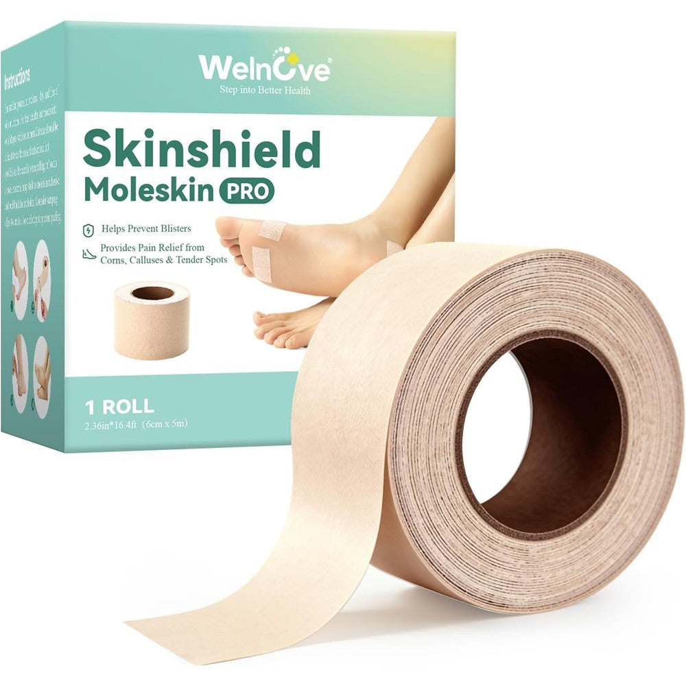 Welnove Moleskin Blister Prevention Tape Roll front view for athletic foot care.