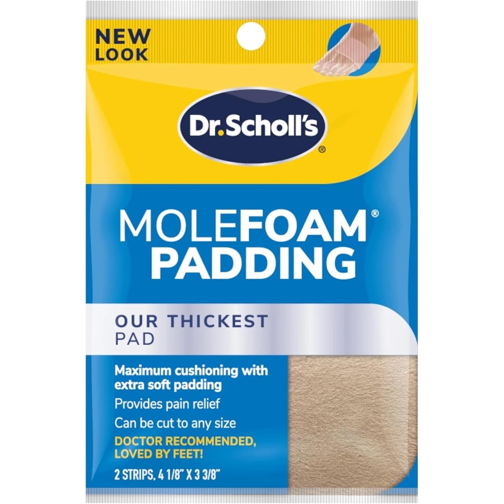 Dr. Scholl's Molefoam Padding Strips front packaging for foot pain relief.