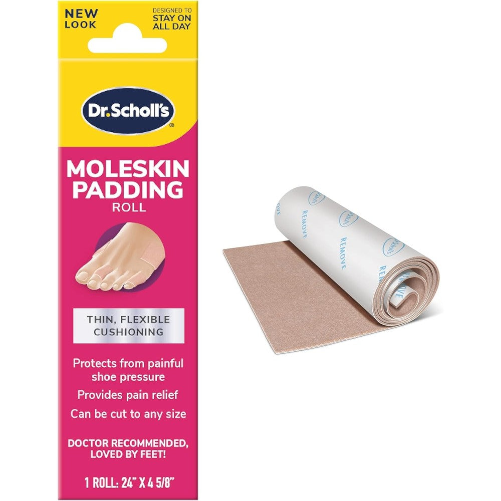 Dr. Scholl's Moleskin Plus Padding Roll front packaging for foot pain relief