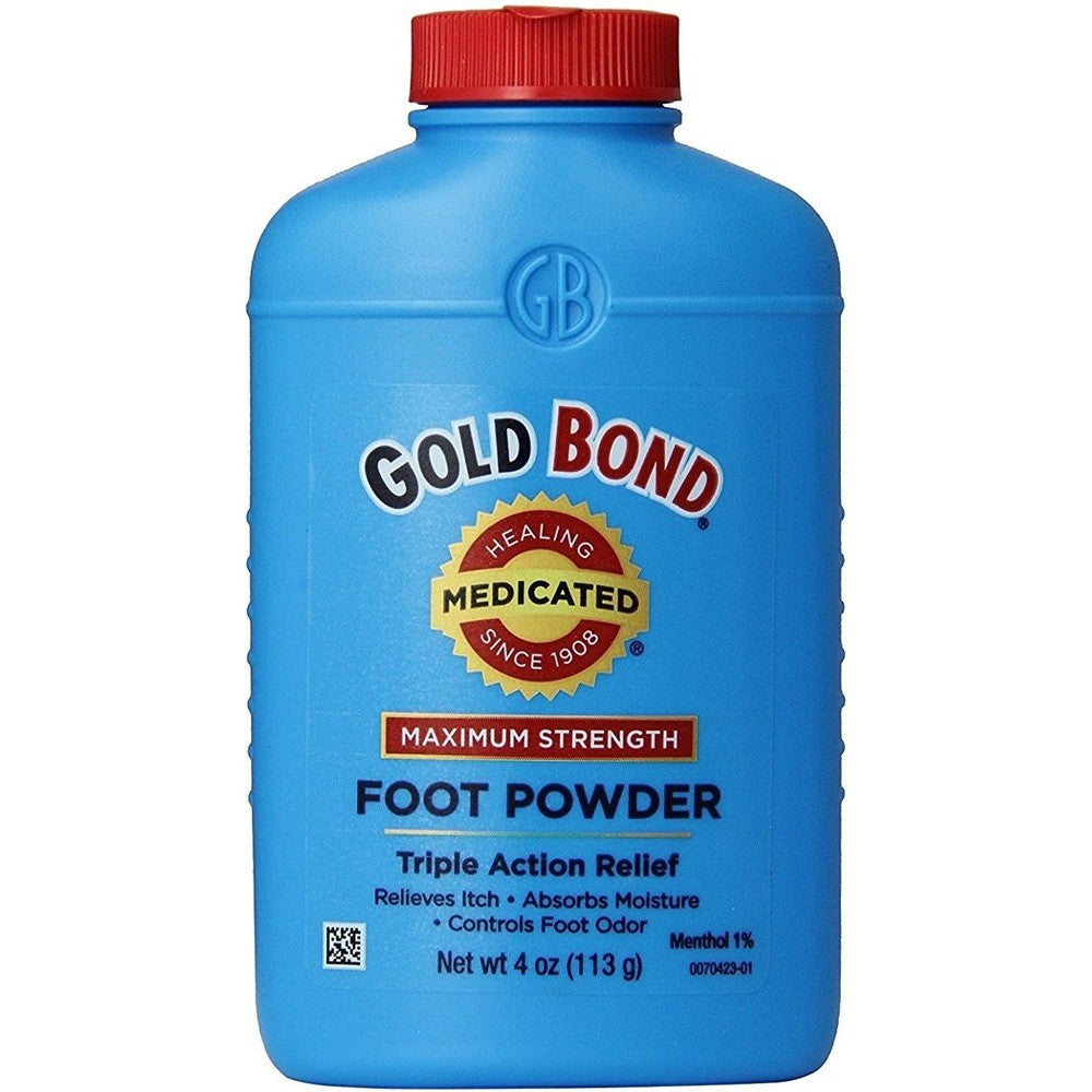 Gold Bond Medicated Foot Powder Maximum Strength 4 Ounce front view for itch relief.