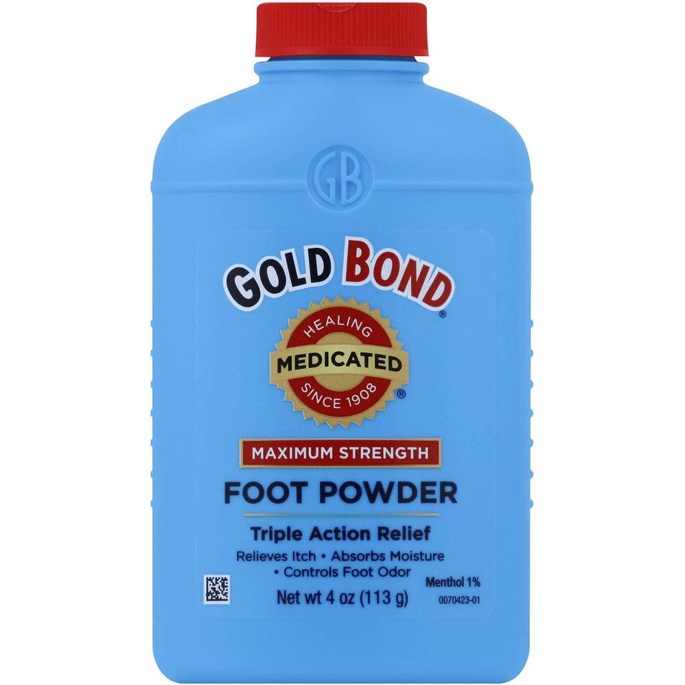 Gold Bond Maximum Strength Medicated Foot Powder 4 Ounce bottle front view for medicated itch relief.