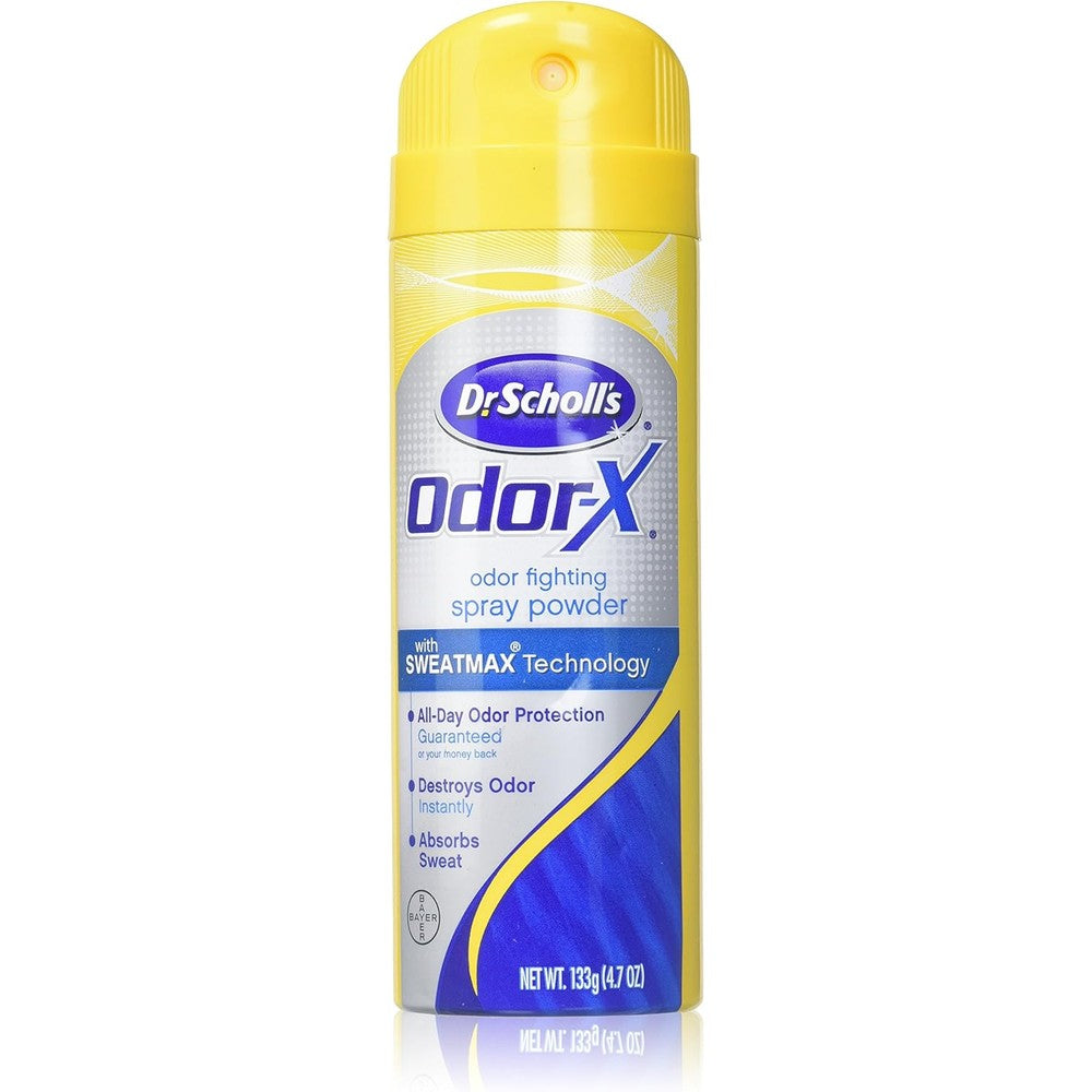 Dr. Scholl's Odor-X Sweatmax Spray Powder front view for foot odor elimination.