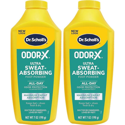 Dr. Scholl's Odor-X Ultra Sweat-Absorbing Foot Powder front view for moisture control.
