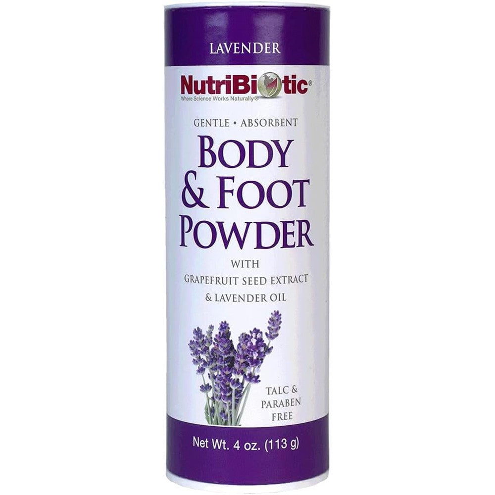 NutriBiotic Lavender Body and Foot Powder front view 4 ounce bottle
