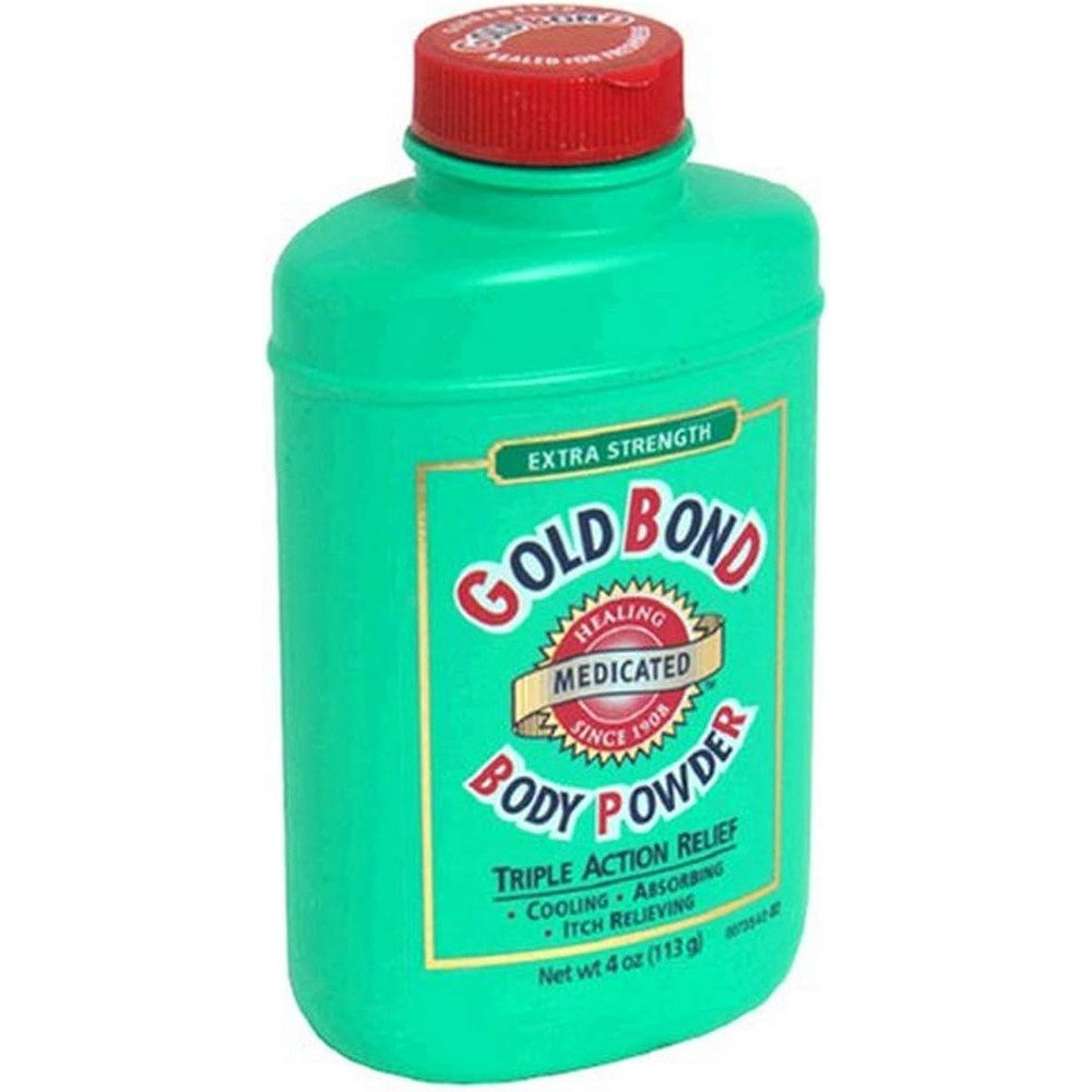 Gold Bond Extra Strength Medicated Body Powder 4 Ounce front view of green bottle for cooling itch relief.