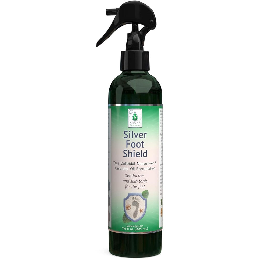 Silver Botanicals Silver Foot Shield front view bottle of natural colloidal silver spray for foot odor removal.