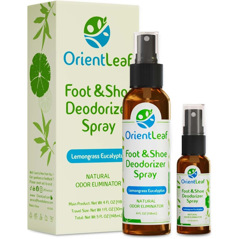 ORIENTLEAF Shoe Deodorizer Spray 4 Fluid Ounce and 1 Fluid Ounce set front view showing eucalyptus lemongrass branding.