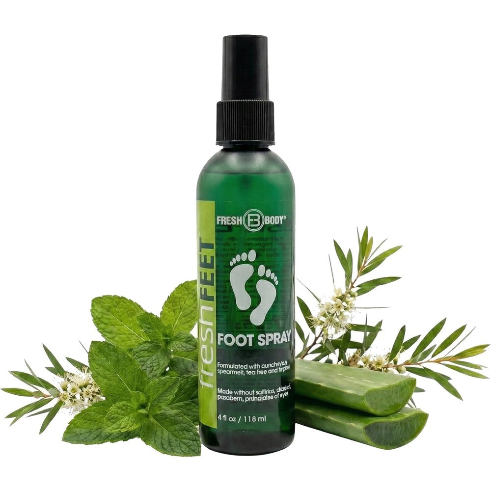 Fresh Body FB Fresh Feet foot spray four ounce bottle front view for odor protection.