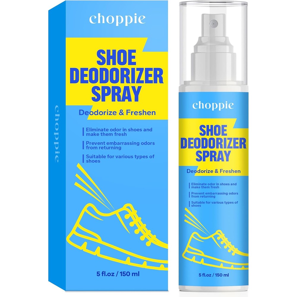 Choppie Shoe Deodorizer Spray front view 5 fluid ounce bottle for shoe smell removal.
