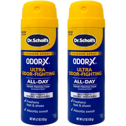 Dr. Scholl's Odor-X Ultra Odor-Fighting Spray Powder front view for foot odor control.