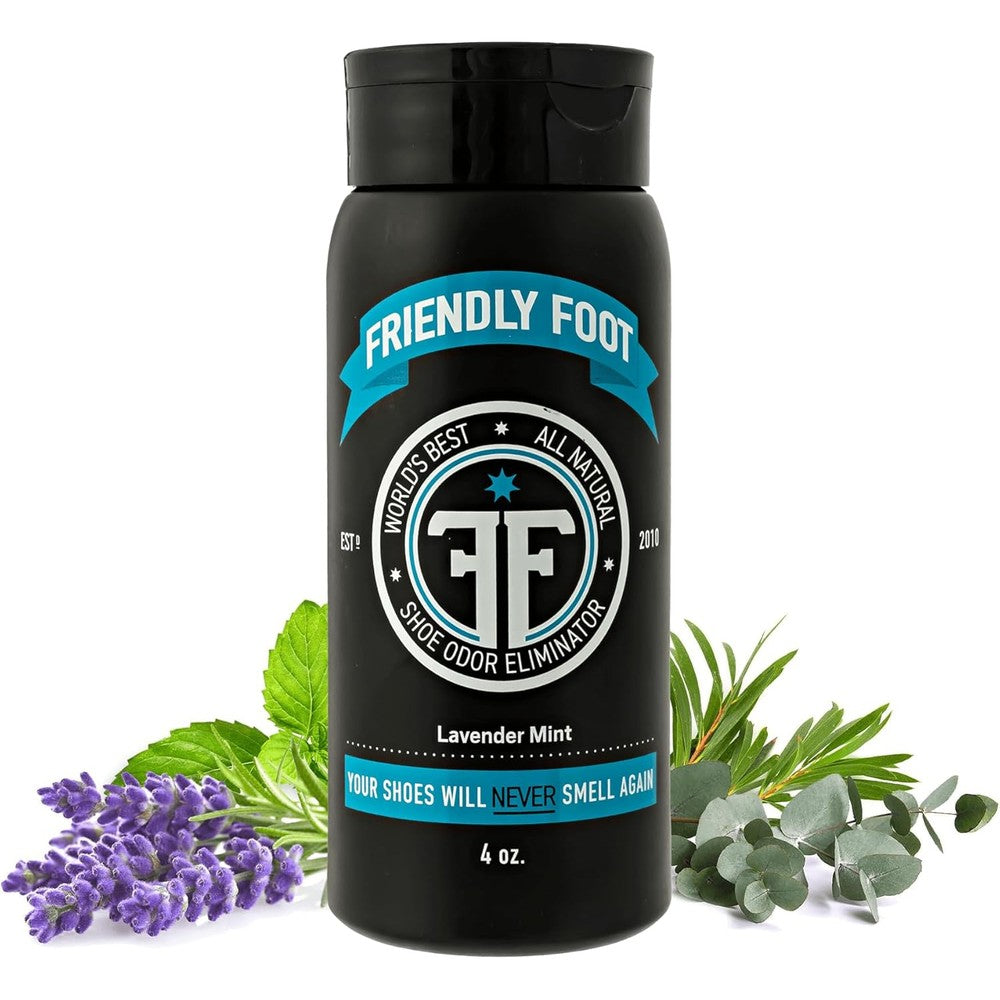 Friendly Foot Natural Shoe Deodorizer Powder front view showing lavender and mint scent labels.