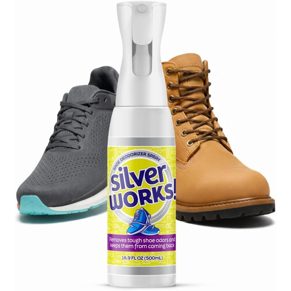 SilverWorks! Shoe Deodorizer Spray front view 16.9 fluid ounce bottle for odor elimination