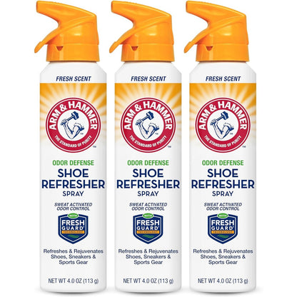 Arm & Hammer Shoe Refresher Spray 3 pack front view for odor removal.
