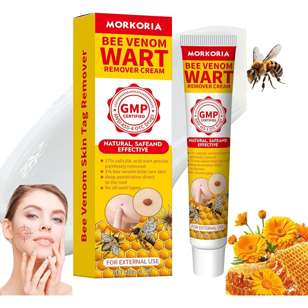 MORKORIA Bee Venom Wart Remover cream tube front view for skin tag removal.