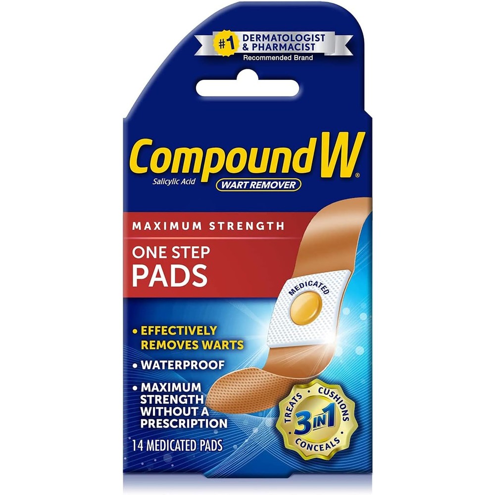 Compound W Maximum Strength One Step Wart Remover Pads front packaging view for common and plantar warts.
