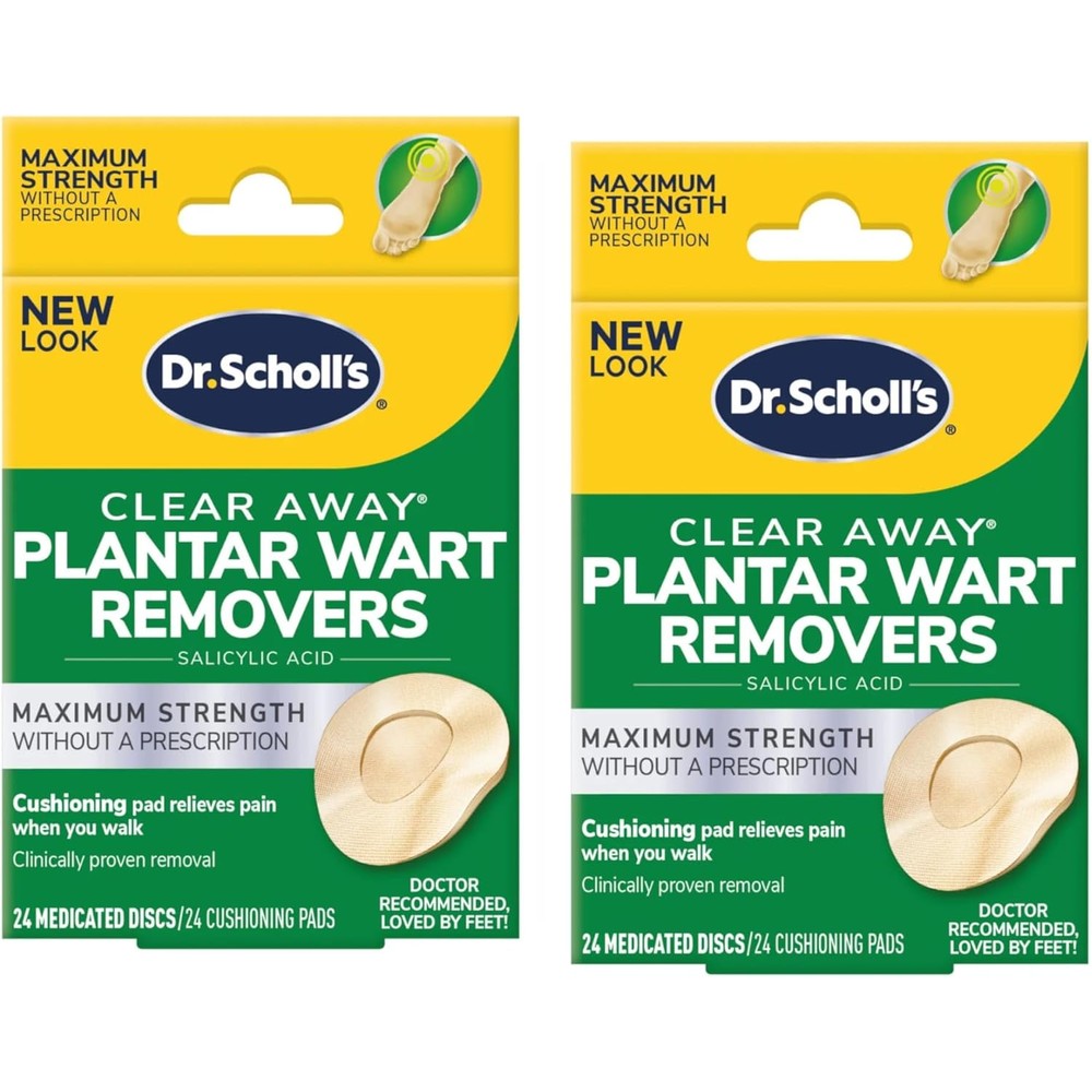 Dr. Scholl's Clear Away Plantar Wart Remover 2 pack front packaging for foot care.
