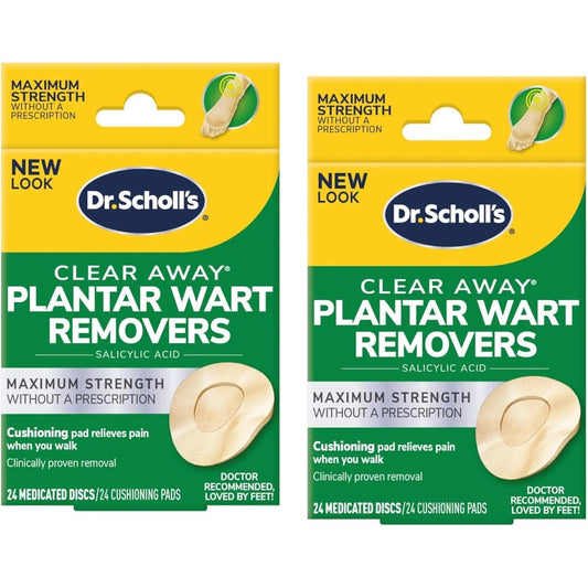 Dr. Scholl's Clear Away Plantar Wart Remover 2 pack front packaging for foot care.