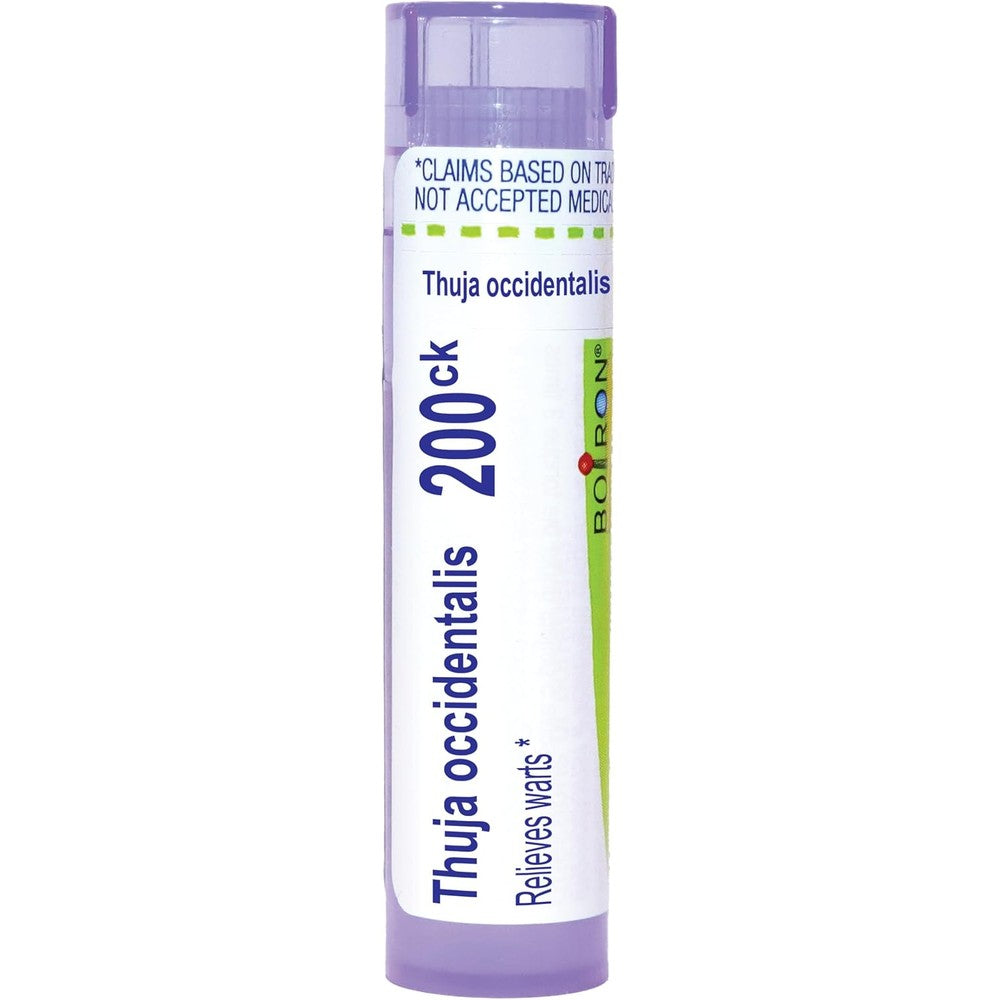 Boiron Thuja Occidentalis 200Ck tube front view for homeopathic wart relief.