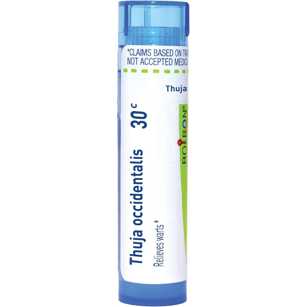 Boiron Thuja Occidentalis 30C wart removal medicine front view displaying the portable multi-dose dispenser tube.