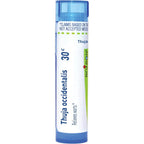 Boiron Thuja Occidentalis 30C wart removal medicine front view displaying the portable multi-dose dispenser tube.