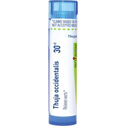 Boiron Thuja Occidentalis 30C wart removal medicine front view displaying the portable multi-dose dispenser tube.