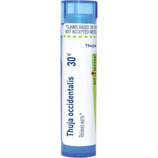 Boiron Thuja Occidentalis 30C wart removal medicine front view displaying the portable multi-dose dispenser tube.