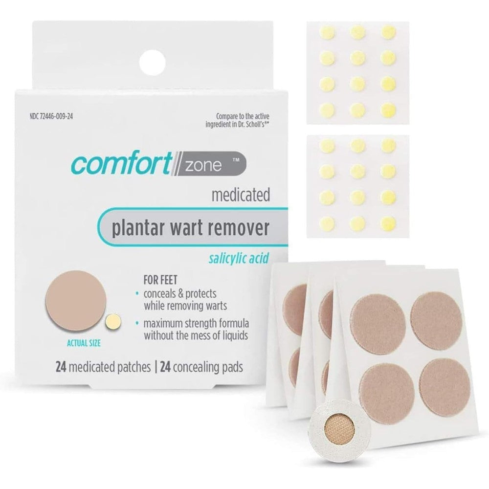 Comfort Zone Plantar Wart Removal Kit front packaging showing 24 count medicated patches.
