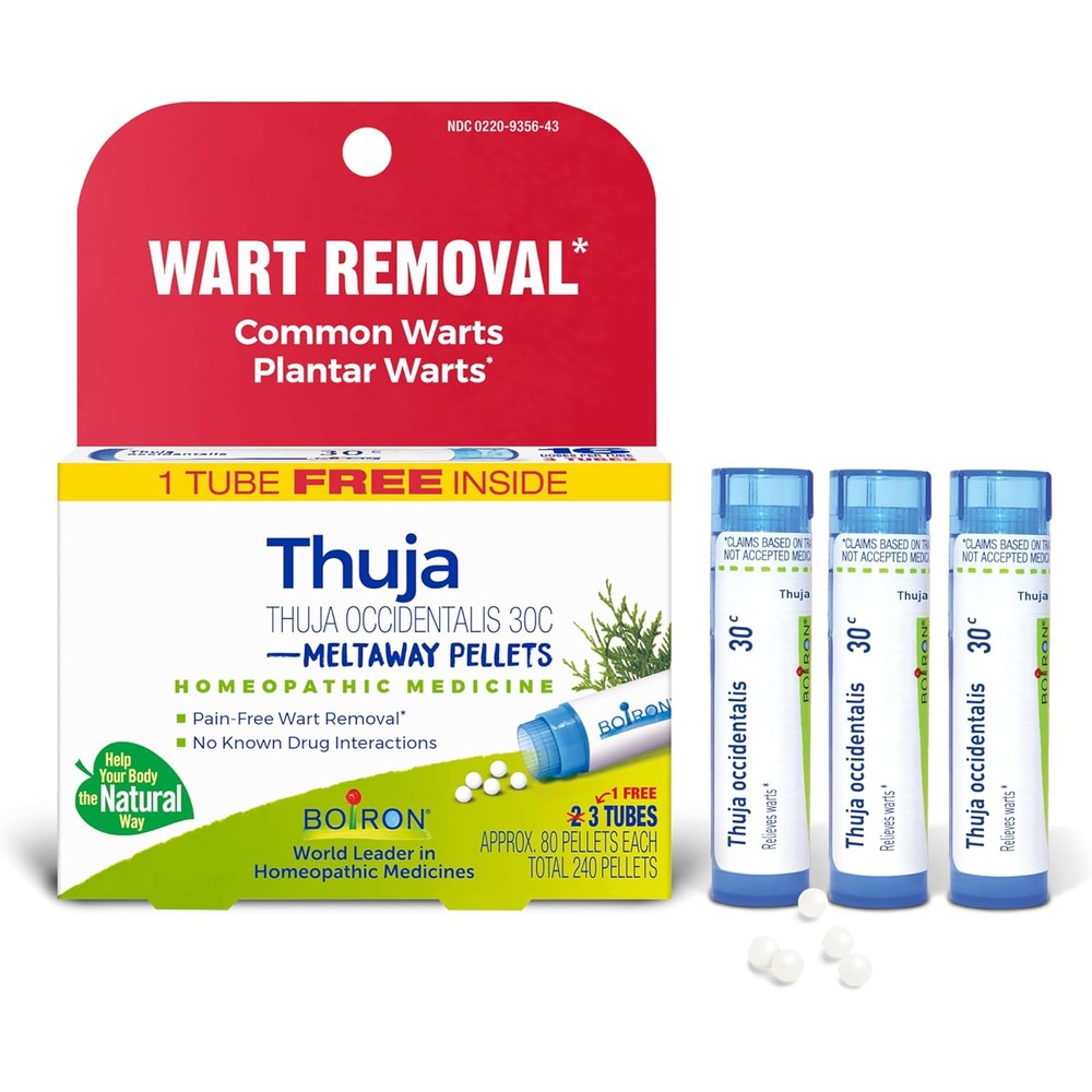 Boiron Thuja Occidentalis 30C 3-pack front view for homeopathic wart removal.