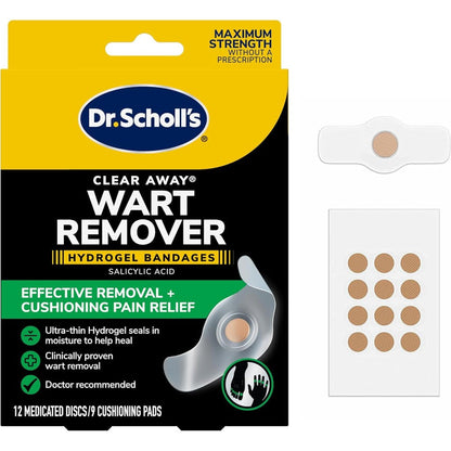 Dr. Schollâ€™s Clear Away Wart Remover Hydrogel Bandages front packaging for finger and toe treatment.