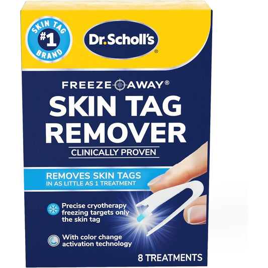 Dr. Scholl's Freeze Away Skin Tag Remover Kit front packaging for at-home cryotherapy.