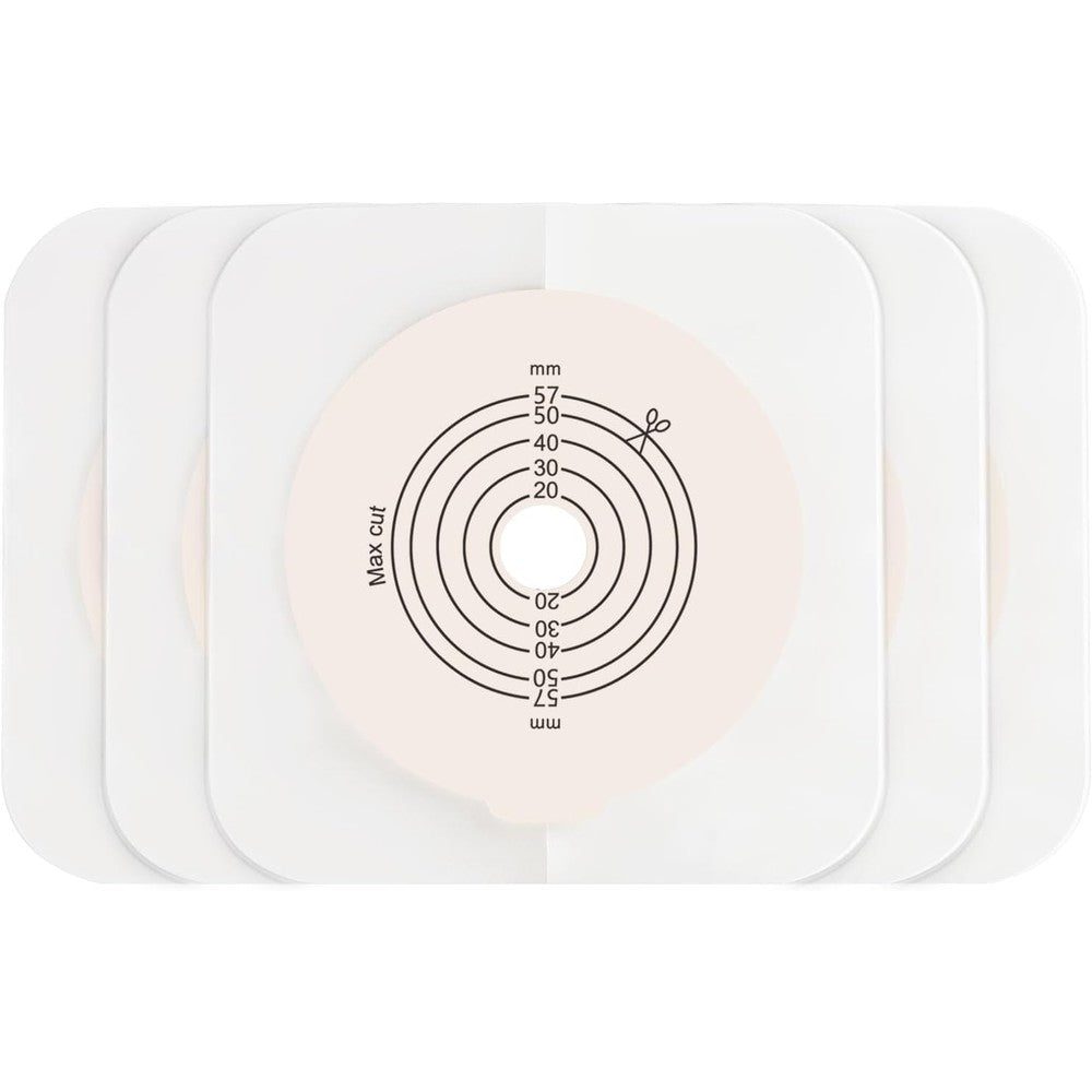 Steawoce 5 Pack Flat Ostomy Skin Barriers front view showing the 15-57mm cut to fit measuring guide scale.